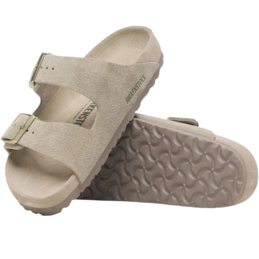 Birkenstock Suede Two-Strap Sandals in Beige with taupe bottom & suede cork sole